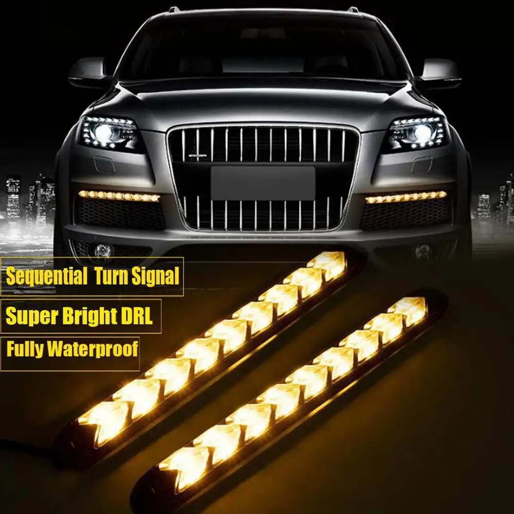 Tira de luces LED de circulación diurna para coche, señal de giro de flujo impermeable, blanca, amarilla, 12v, Universal, 2 uds.