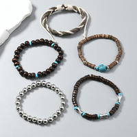 Bracelet rétro DIY multi-couches en fil élastique avec perles en bois et coquille de noix de coco, idéal pour les rendez-vous, les fêtes et les cadeaux.