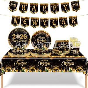 2026 Black And Gold New Year Party Decorations <b>Tablecloth</b> Plates Napkins Cups Set For Celebration Event - Product Image 1