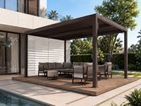 Pergola bioclimatique motorisée en aluminium sur mesure, toit à lames orientables imperméable, éclairage LED, drainage, commande manuelle pour villa