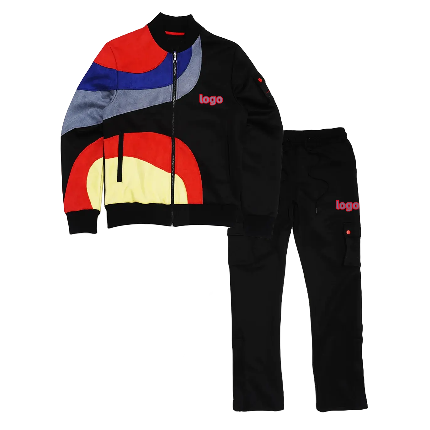 OEM kualitas tinggi Logo kustom gambar grafis uniseks blok warna jaket Bomber Suede menyatu & Set Tracksuit celana kargo saku tambalan