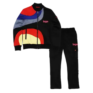 OEM High Quality Custom Logo Graphic Print Unisex Color Block Fused Suede Bomber Jacket &Patch Pocket Cargo Pants Tracksuit Set