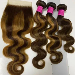 Brown Highlight Body Wave Human Hair Weave 3 Bundles 14 16 18 inch, Brazilian Remy Hair Ombre Blonde Human Hair Wavy Weaves Sew