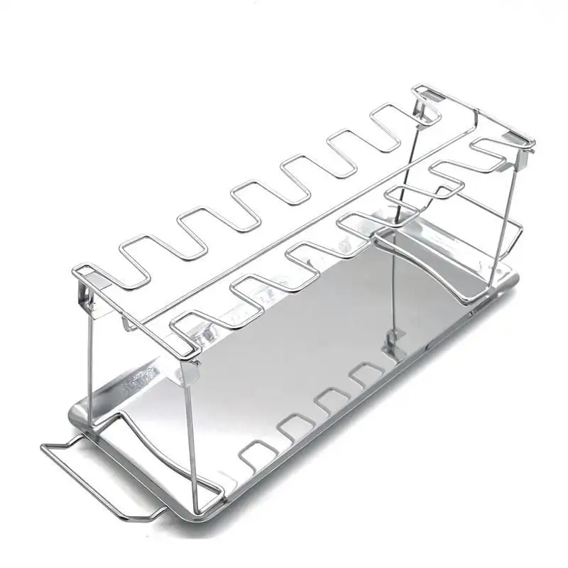 바닥 트레이가있는 스테인레스 스틸 14 그리드 닭 다리 그릴 접이식 닭 다리 바베큐 그릴 바베큐 그릴 바베큐 치킨 랙