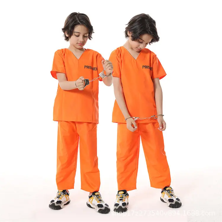 Wholesale Carnival Cosplay Children Prisoner Costume Classic Simple V-neck Short Sleeve Kids Criminal Clothing