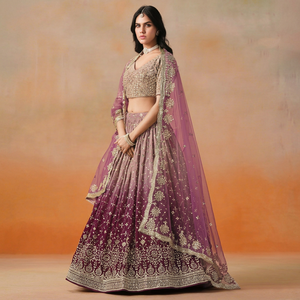 Purple Embroidered Organza Floor-Length A-Line <b>Lehenga</b> with Crop Top and Dupatta Quick Dry for Bridesmaid Wear - Product Image 1