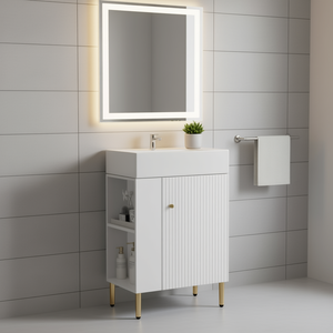 White Bathroom Vanity 21.6 In Single Ceramic Sink Cabinet With Left Storage Modern Contemporary Design Floor Standing - Product Image 2