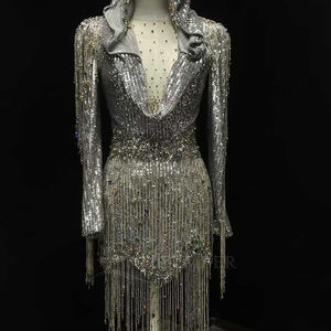 Robe de soirée sans manches à sequins Nt13, courte, argentée, à franges, pour fête, avec appliques en mousseline et taille naturelle - Product Image 5