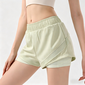 Shorts de course 2-en-1 pour femmes, taille haute élastique, couleur unie, avec poches latérales, anti-transparence, séchage rapide, respirant, pour l'entraînement (vente en gros) - Product Image 1