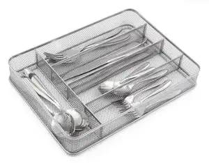 Wideny Home Kitchen In-Drawer 5 Compartment Mesh Metal Silver Ware Adjustable Cutlery Trays Organizer With Dividers