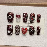 Faux ongles gothiques à presser faits à la main, rouges, style western, en amande, ensemble de faux ongles