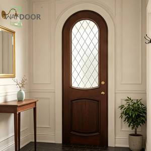 Puerta de Entrada Curva de Madera con Elegancia Gótica, Vidrio con Patrón de Diamantes, Madera Sólida de Caoba Africana y Roble, Puerta Frontal Arqueada - Product Image 1