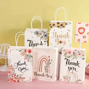 Floral Design Thank You Kraft Paper Gift Bags for Wedding Birthday Party Gift Packaging Decor Christmas Baby Shower Favors