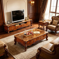Ensemble de meubles de salon vintage européens : meuble TV et table basse en marbre, sculptés à la main en bois massif, avec rangement, vente en gros