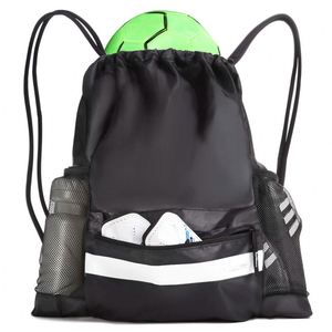 Wholesale Sports <b>Drawstring</b> Bags Waterproof Football Cinch Sack with Zippered Side Pocket Reflective Strip for Night Training - Product Image 1