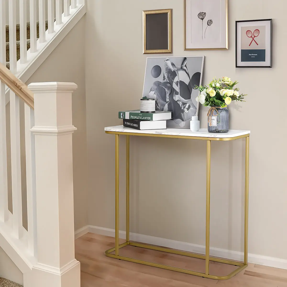 Modern Wood Console Table with Marble Texture Entryway Rectangle DIY Side Table for Living Room