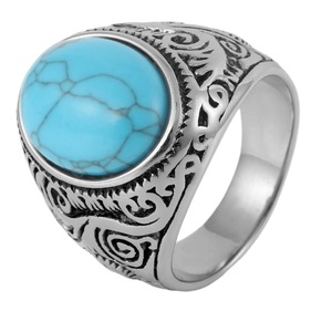 yunnique Stainless Steel <b>Ring</b> <b>Men</b> Blue Turquoise Oval Bezel Setting Retro Fashion Jewelry Gift - Product Image 5