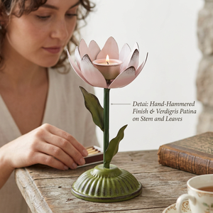Support de bougie Lotus en fer, fleur rose, base verte, décoration d'intérieur, support en métal durable - Product Image 5