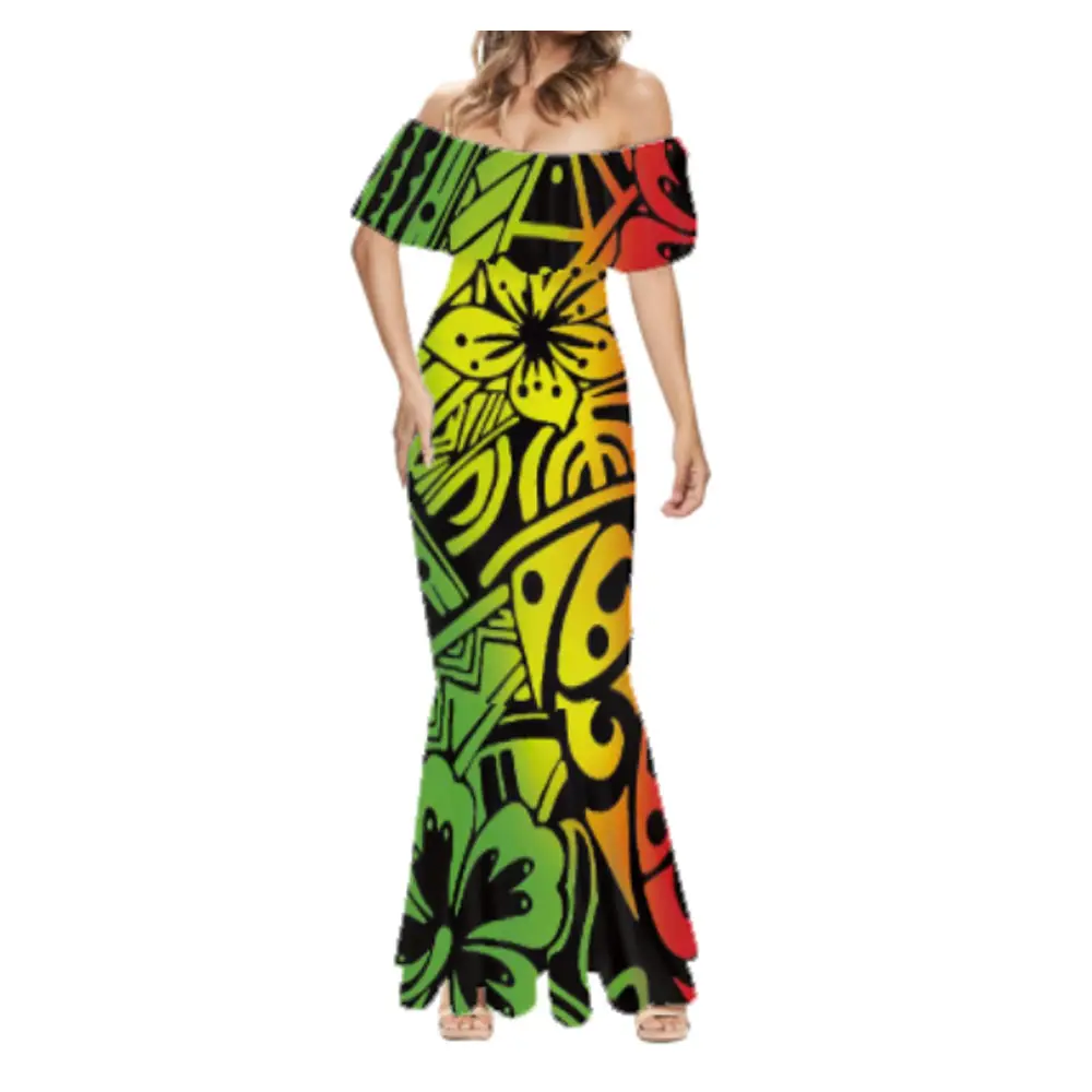 Polinezya Tribal Samoan baskı gece elbisesi elbise zarif kapalı omuz mütevazı akşam elbise özel akşam elbise nedime için