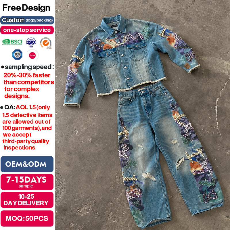Power Punch OEM ODM Service Manufacturer Custom Rhinestone Denim Fashion Set Pearl