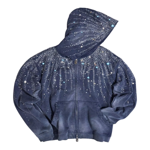 100% personalizzato in cotone OEM lavato <span class=keywords><strong>con</strong></span> strass sbiadito scintillante <span class=keywords><strong>oversize</strong></span> <span class=keywords><strong>felpa</strong></span> <span class=keywords><strong>con</strong></span> cappuccio <span class=keywords><strong>con</strong></span> cerniera da uomo - Product Image 1