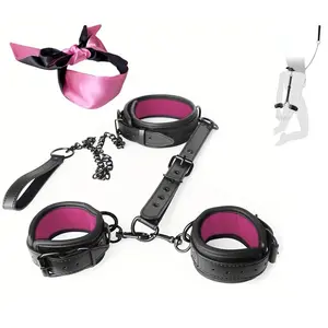Kit de sujeción de cuello a muñeca con cadena de tracción espalda sexo esposas Collar ajustable Bondage Gear y accesorios SM juego de rol