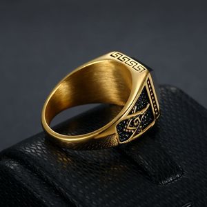 Retro Fashion Big Square Black Gemstone <strong>Titanium</strong> Stainless Steel <strong>Men</strong> <strong>Rings</strong> Gold Plated Knight Signet Masonic <strong>Rings</strong> - Product Image 5