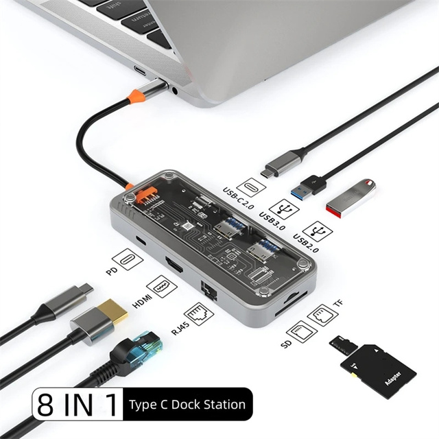 Transparent TYPE C 8-in-1 Docking Station USB C Hub With 4K HDTV , 100W PD, USB 3.0 ,RJ45 100M,SD/TF Reader for Phone Laptops