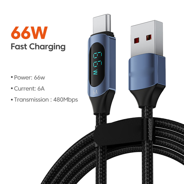 Custom Logo 6A Type C Fast Charging Data Cable with Led Display 66W Cable Phone Mobile Phone OEM Techno Cable Nylon