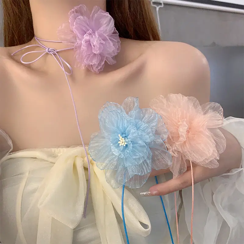 Colar de pulseira de flores de seda coloridas para vestido gargantilha colar de corda de fadas sexy colar de flores grandes