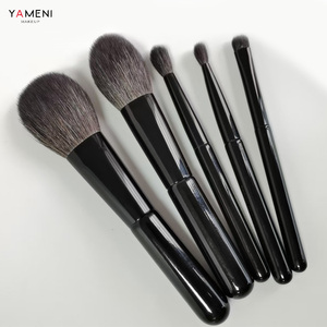 Ensemble de 5 pinceaux de maquillage en poils de chèvre, manche en bois noir, virole en cuivre, pinceaux ronds pour poudre, visage, yeux, blush, fard à paupières, kit de pinceaux cosmétiques - Product Image 2