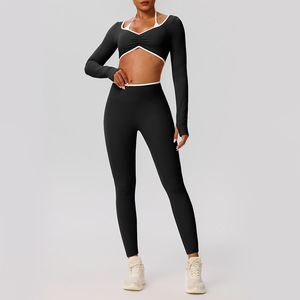 Set da 2 Pezzi con Top Corto a Maniche Lunghe con Scollo a V e Halter, <span class=keywords><strong>Leggings</strong></span> a Vita Alta con Finiture a Contrasto, Completo da Palestra e Yoga per Donne - Product Image 6