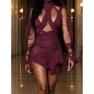 RNSHANGER <span class=keywords><strong>Abito</strong></span> Mini con Collo Alto e Volant Drappeggiato, Elegante Vestito Corto a Vita Alta Tinta Unita, <span class=keywords><strong>Abito</strong></span> Casual a Maniche Lunghe per Feste da Donna - Product Image 2