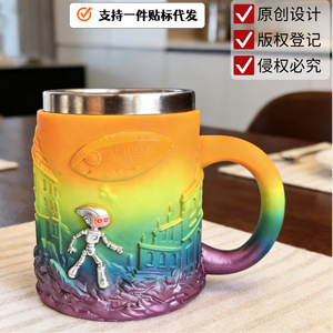 Sci-Fi Themed Stainless Steel <b>Mug</b> With Lid 101-200ml <b>Thermal</b> Insulation Gift Cup Round Shape Silver Colorful Design - Product Image 5
