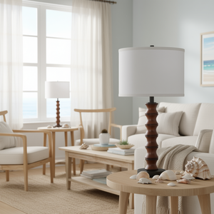 Lampe de table moderne de style côtier avec base en bois, abat-jour blanc en forme de tambour, 27,5 pouces, LED E26, lumière douce et chaude, éclairage intérieur - Product Image 2