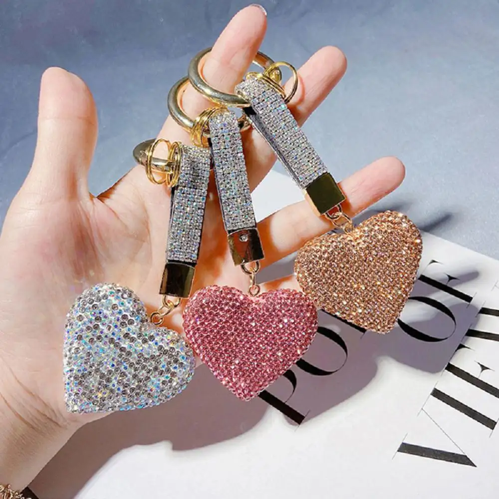 Luxo espumante cristal diamante coração bolsa saco charme pingentes chaveiro colorido strass coração chaveiros metal ecológico