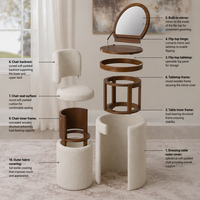 Ensemble de coiffeuse en tissu ivoire avec chaise et miroir rabattable, table de maquillage ronde, station de maquillage pour chambre à coucher