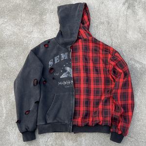 Sun Faded Thick Drop Shoulder Hole <b>Hoodie</b> Checkered Heavyweight Oversized <b>Hoodie</b> Acid Wash Distressed Reversible <b>Zip</b> <b>Up</b> <b>Hoodie</b> - Product Image 1