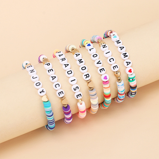 Boho Style Custom New Polymer Clay Beads Charms Bracelet Bubble Initial Letter Bracelet for Men Women Inspiration Bangles