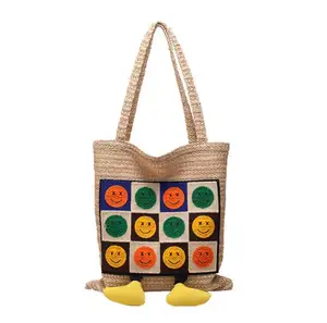 Creative Cartoon Cute Smiley Face Women Straw Braided Shopping Bag Large Capacity Customized Portable Armpit Handbag