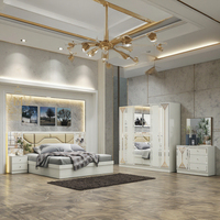 DAVINI Ensemble de meubles de chambre à coucher moderne en MDF/bois avec miroir, tête de lit éclairée, rangement intégré, lit réglable de 1,8 m, finition beige brillant