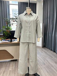 Completo da <span class=keywords><strong>donna</strong></span> estivo 2026 di nuova collezione, in <span class=keywords><strong>cotone</strong></span> e <span class=keywords><strong>lino</strong></span>, tinta unita, con top a maniche lunghe e <span class=keywords><strong>pantaloni</strong></span> - Product Image 4