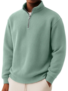 Unisex Waffle 1/4Zip Neck Pullover <strong>Jumper</strong> Pure Color Long Sleeve Zip <strong>Mock</strong> Neck Knitwear for <strong>Shirt</strong> Cropped 3D Embroidery Winter - Product Image 3