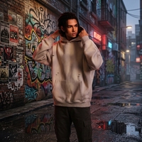 Sweat à capuche oversize pour homme, effet délavé vintage, avec doublure polaire, détails déchirés et usés, motif graffiti singe audacieux, style streetwear