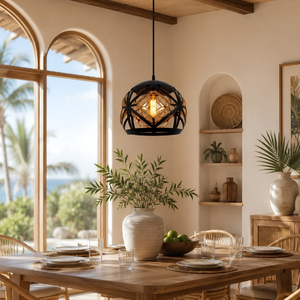 Vente directe d'usine, best-seller, luminaire suspendu en métal noir Boho Solaris avec corde en chanvre et globe en verre ambré - Product Image 1