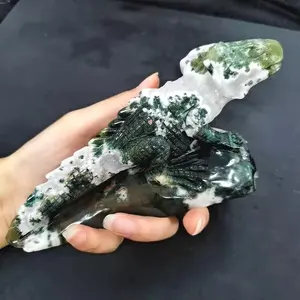 Natural Polished Interesting Crystals Healing Stones Animal Carved Moss Agate Lizard Carving Crafts For Feng Shui Decoration