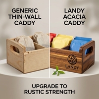 Boîte à sachets de thé Landy en bois d'acacia rustique écologique avec poignées, gravée, 3 compartiments, boîte de rangement ouverte pour café, vente en gros