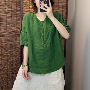 Cotton Linen Short Sleeve Shirt Women's Clothing Round Neck Loose Fit Solid Color Buttons Everyday Wear Ginger Yellow - Product Image 2