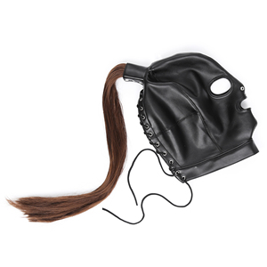 Máscara de cuero PU para toda la cabeza con cola de caballo, máscara de bondage transpirable con ojos y boca abiertos, para juegos de rol, disfraz fetiche, accesorio para la cabeza para adultos - Product Image 6