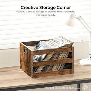 Panier de rangement rétro en bois pour disques vinyles, CD, livres, magazines, organisateur de bureau, support multimédia de bureau, forme rectangulaire - Product Image 3
